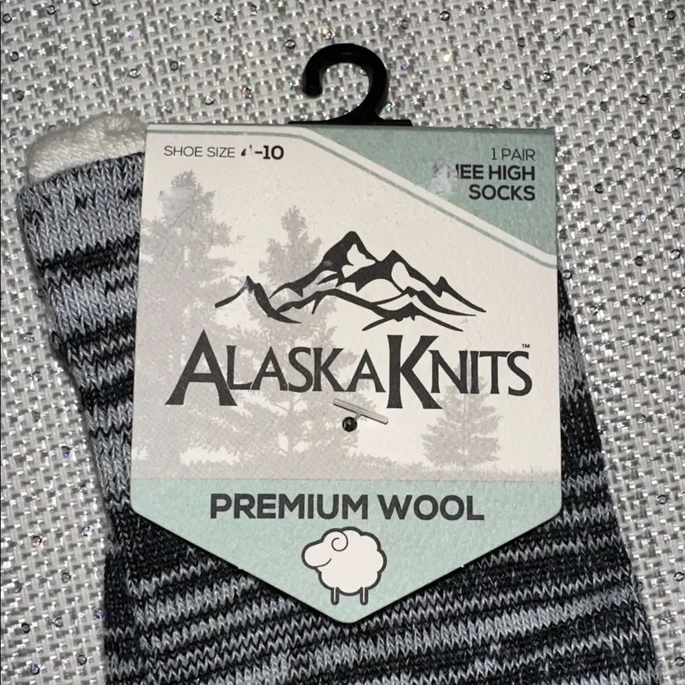 Alaska Knits Black Gray Ivory Heather Traditional Wool Blend Knee High Socks